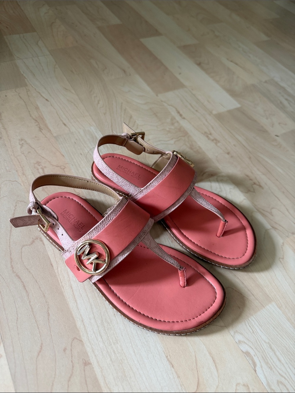Michael Kors Coral Pink Leather T-Strap Sandals with Gold MK Accent